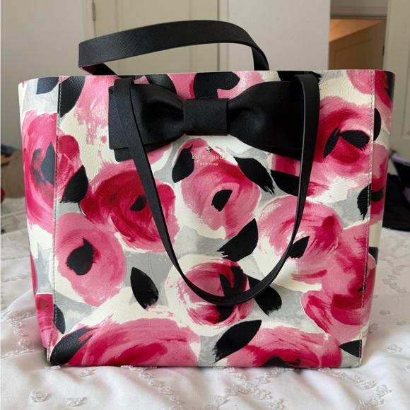 kate spade Handbags - Kate Spade Floral Print Tote Bag with Black Bow - Pink/White